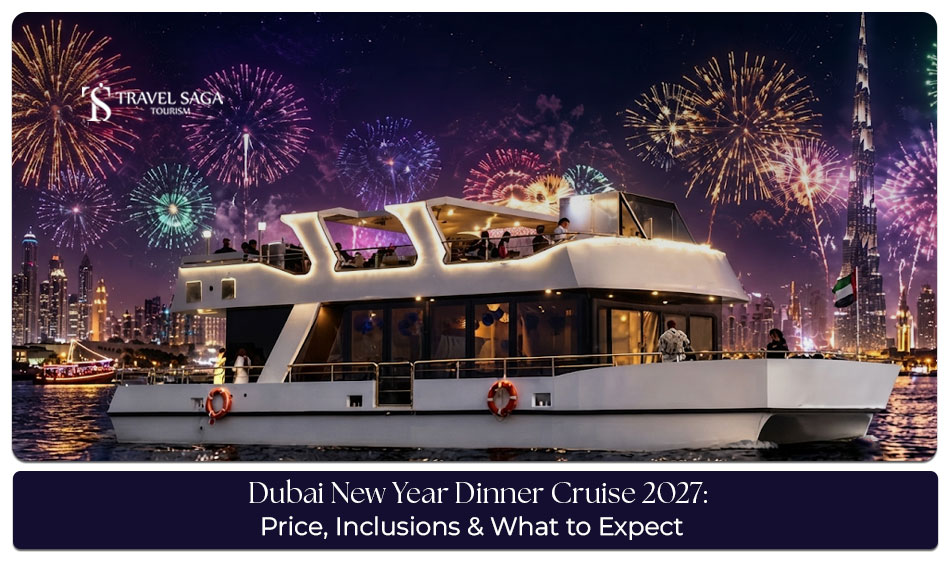 Guests enjoying a festive dinner aboard a Dubai cruise with city lights and waterfront views.