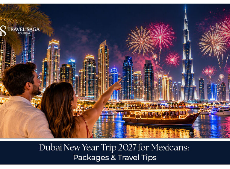 Mexican travellers celebrating New Year’s Eve in Dubai with spectacular fireworks and festive city views.