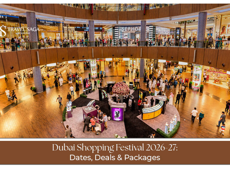 Shoppers exploring festive retail displays, seasonal discounts, and entertainment during Dubai Shopping Festival 2026–27.