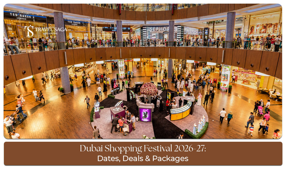 Shoppers exploring festive retail displays, seasonal discounts, and entertainment during Dubai Shopping Festival 2026–27.