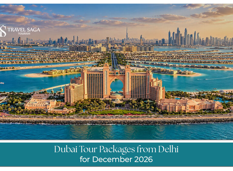 Travellers enjoying Dubai's winter skyline with iconic skyscrapers and festive city attractions during a December holiday.