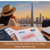 Traveller checking a pending visa application on a laptop beside a passport and confirmed Dubai flight booking.