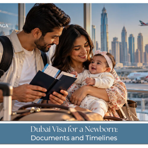Parents preparing travel documents and visa requirements for their newborn's Dubai trip.