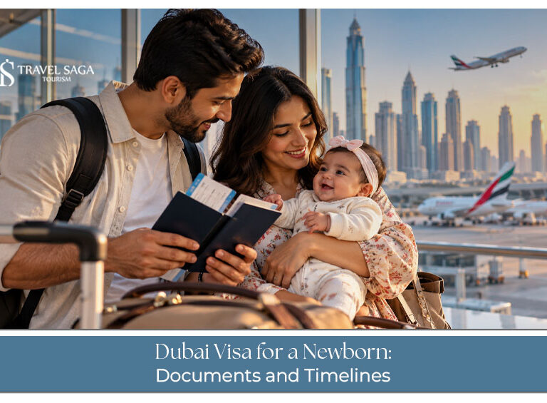 Parents preparing travel documents and visa requirements for their newborn's Dubai trip.
