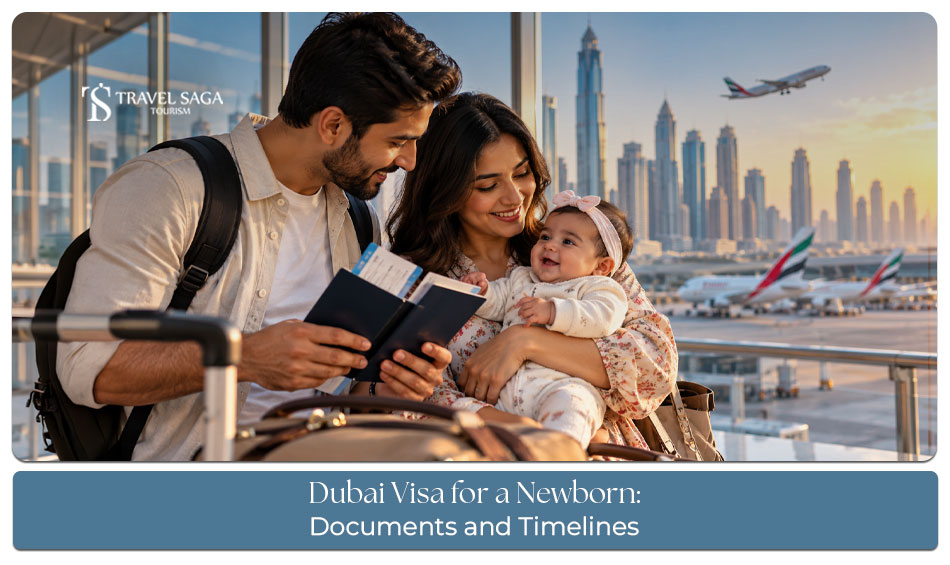 Parents preparing travel documents and visa requirements for their newborn's Dubai trip.