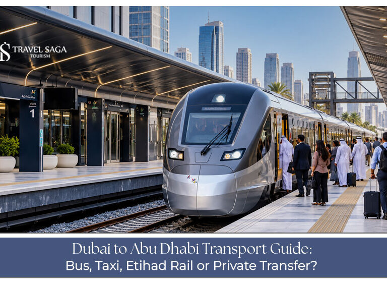 Travellers preparing for a road journey between Dubai and Abu Dhabi with transport options for a convenient trip.