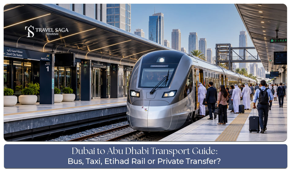 Travellers preparing for a road journey between Dubai and Abu Dhabi with transport options for a convenient trip.