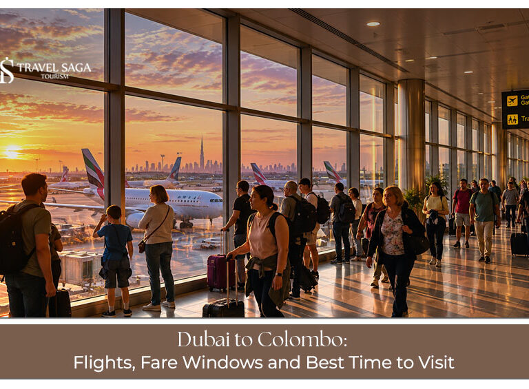Passenger aircraft flying between Dubai and Colombo with travel planning details for fares and seasonal visits.
