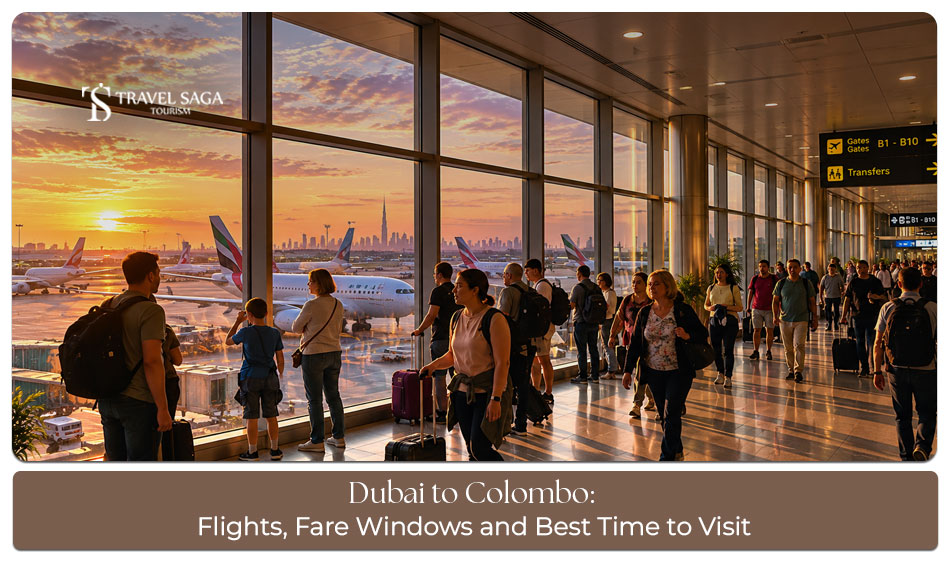 Passenger aircraft flying between Dubai and Colombo with travel planning details for fares and seasonal visits.
