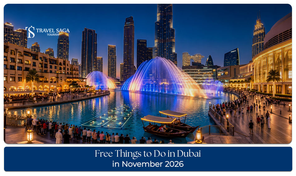 Free things to do in Dubai in November 2026, including Dubai Fountain views, Old Dubai sightseeing, public beaches and outdoor activities