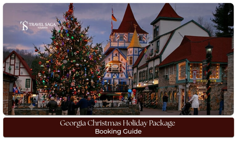 Travellers enjoying festive winter scenery and Christmas celebrations in Georgia.