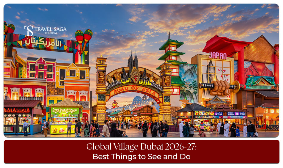 Global Village Dubai 2026–27 featuring international cultural pavilions, global street food, carnival rides and live entertainment