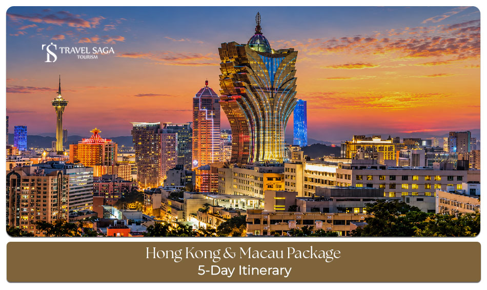 Travellers exploring Hong Kong's skyline and Macau's famous attractions during a five-day holiday package.
