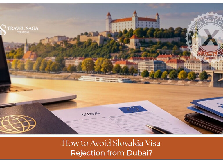 Traveller reviewing documents and requirements to reduce the risk of Slovakia visa rejection from Dubai.