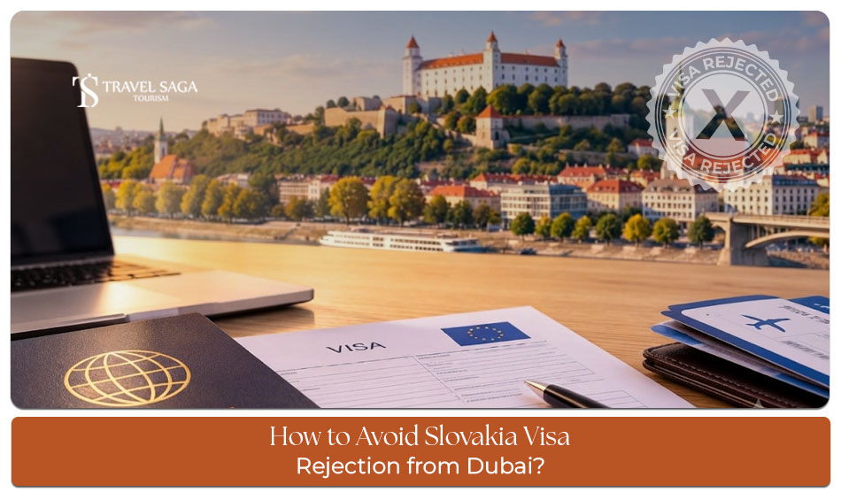 Traveller reviewing documents and requirements to reduce the risk of Slovakia visa rejection from Dubai.