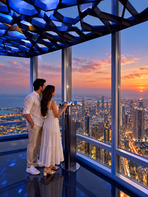 Couple admiring Dubai skyline views with Burj Khalifa and illuminated city landmarks