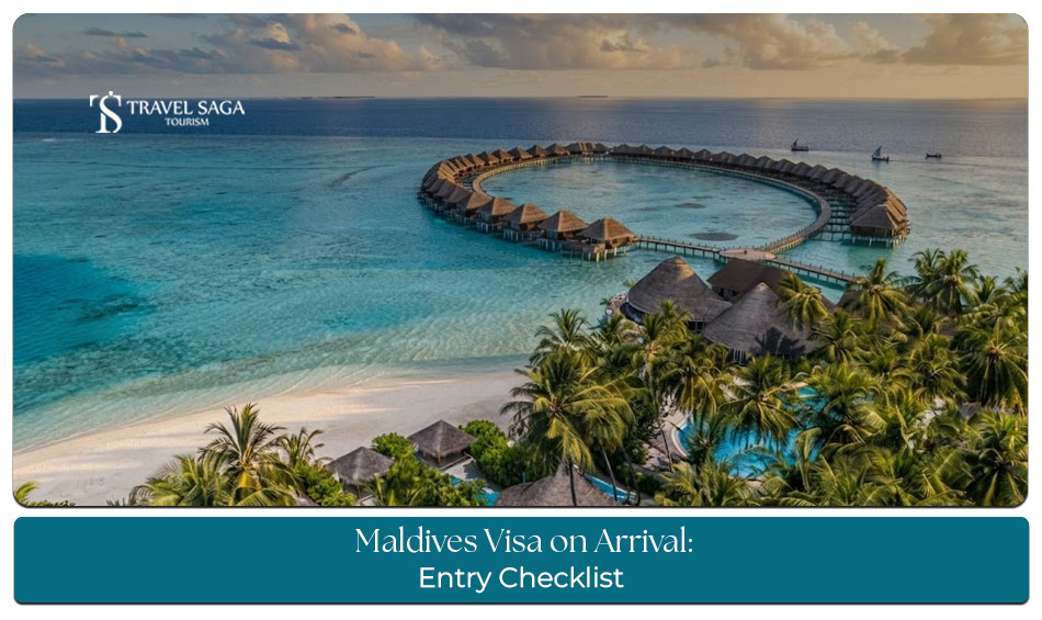 Maldives visa on arrival entry checklist featuring passport, return flight tickets, hotel booking and travel documents