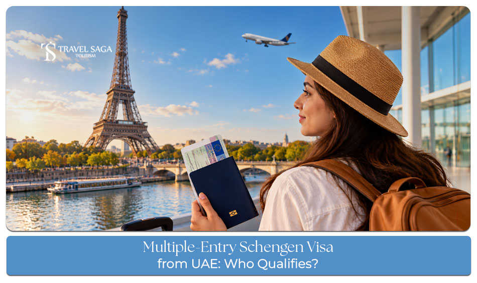 Traveller holding a passport and travel documents while preparing for multiple trips across Schengen countries from the UAE.