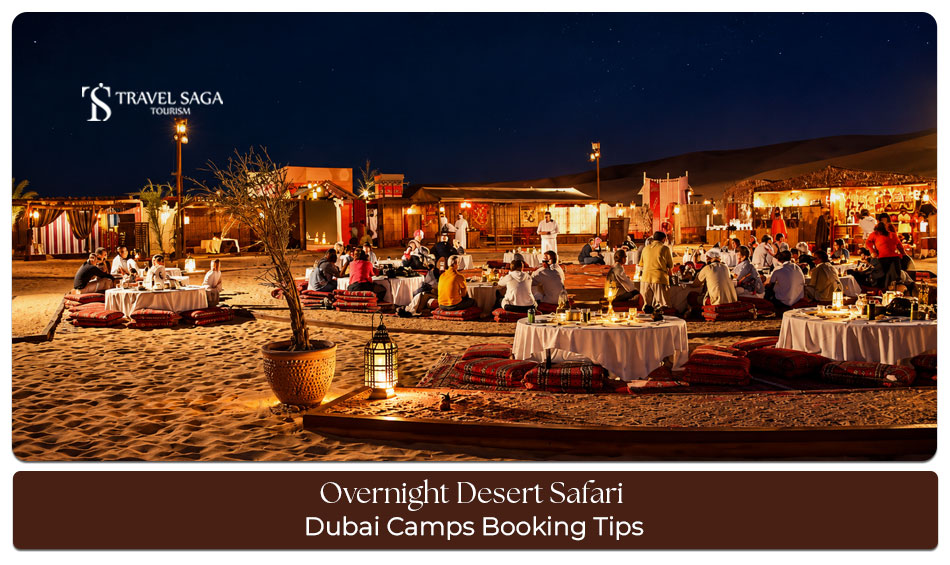 Travellers relaxing at a Dubai desert safari camp with traditional Bedouin seating under the evening sky.
