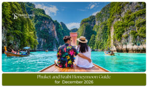 A romantic beachside sunset in Phuket with a couple enjoying a honeymoon getaway in Thailand.