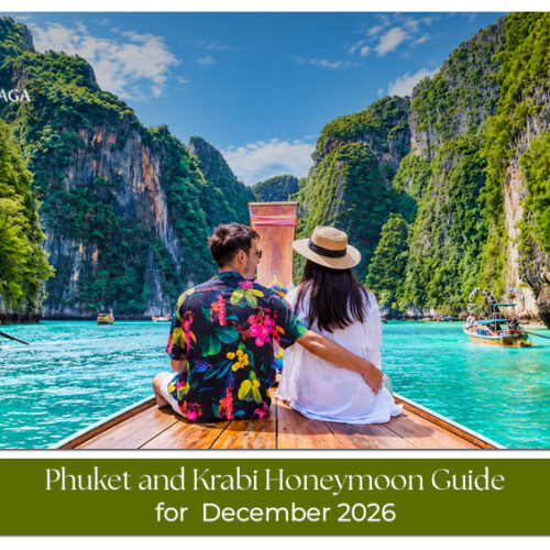 A romantic beachside sunset in Phuket with a couple enjoying a honeymoon getaway in Thailand.