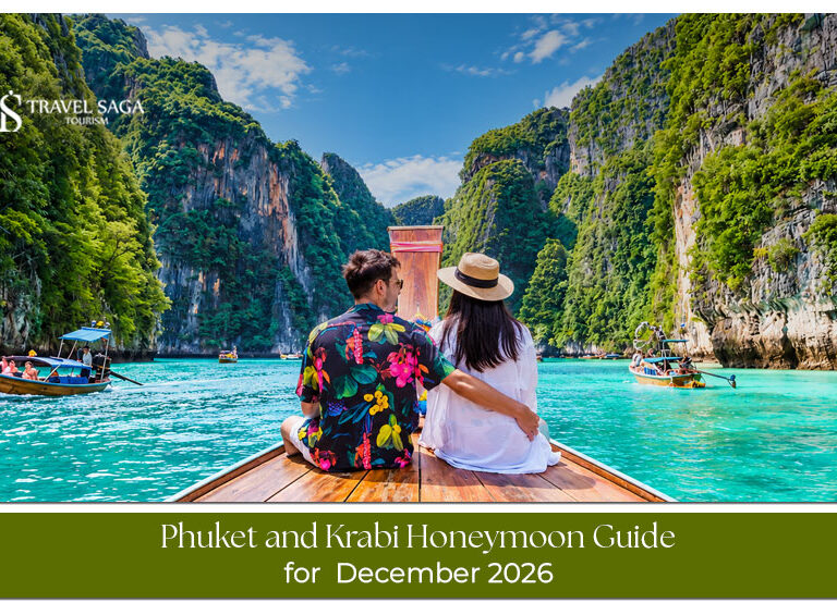 A romantic beachside sunset in Phuket with a couple enjoying a honeymoon getaway in Thailand.