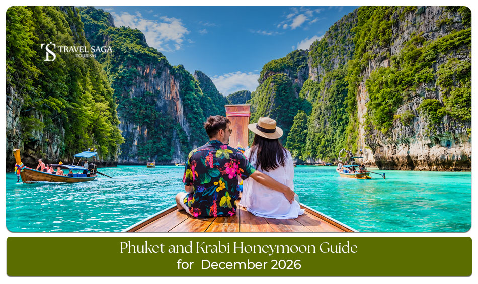 A romantic beachside sunset in Phuket with a couple enjoying a honeymoon getaway in Thailand.