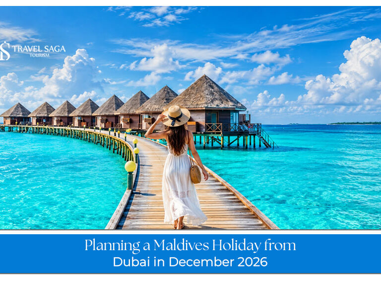 Travellers enjoying a tropical Maldives getaway with turquoise waters, white sandy beaches, and luxury overwater villas.