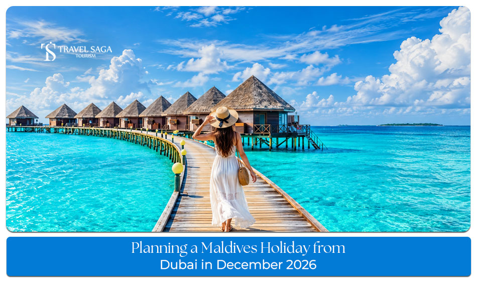 Travellers enjoying a tropical Maldives getaway with turquoise waters, white sandy beaches, and luxury overwater villas.