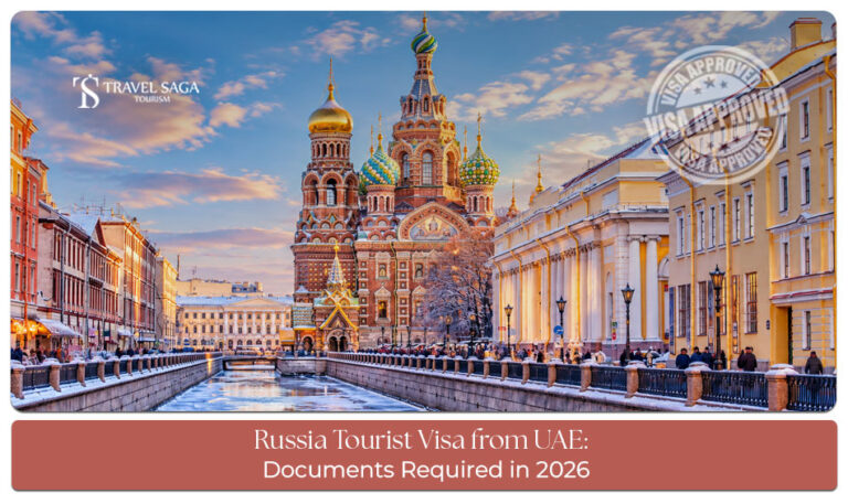 Travellers preparing documents for a Russian tourist visa application from the UAE.