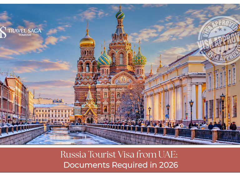 Travellers preparing documents for a Russian tourist visa application from the UAE.