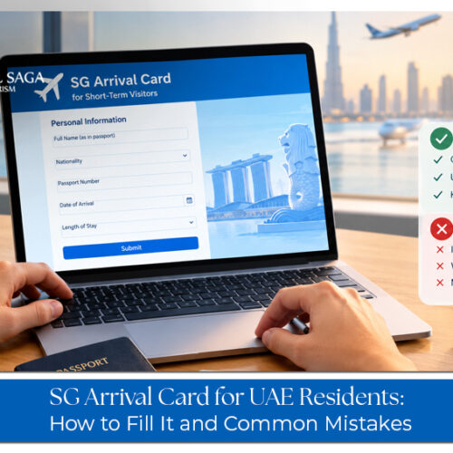 UAE residents preparing travel documents for arrival and immigration checks in Singapore.