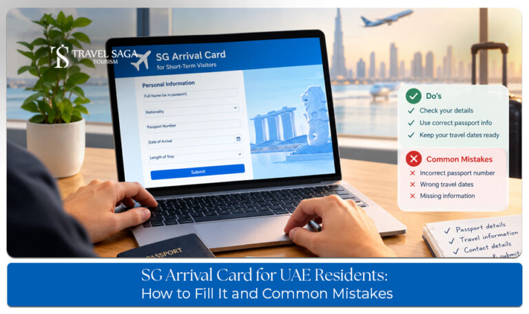 UAE residents preparing travel documents for arrival and immigration checks in Singapore.