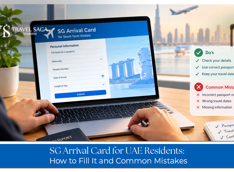UAE residents preparing travel documents for arrival and immigration checks in Singapore.