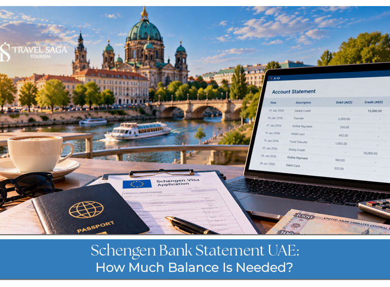 Traveller reviewing bank statements and financial documents for a Schengen visa application from the UAE.
