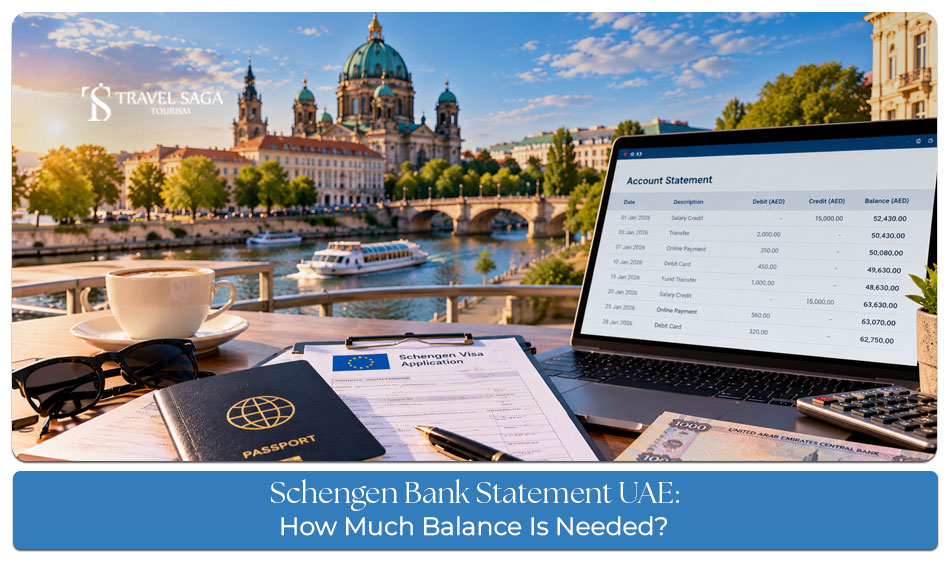 Traveller reviewing bank statements and financial documents for a Schengen visa application from the UAE.