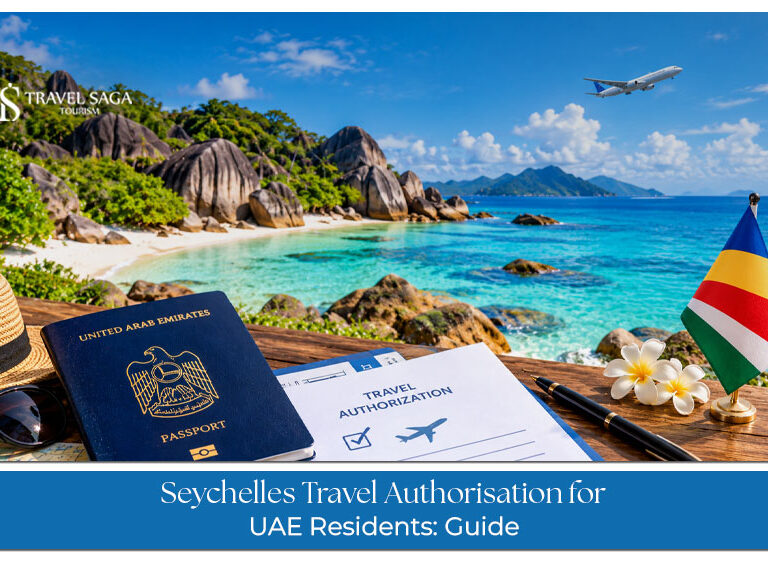 Travellers preparing travel documents for a relaxing Seychelles holiday from the UAE.
