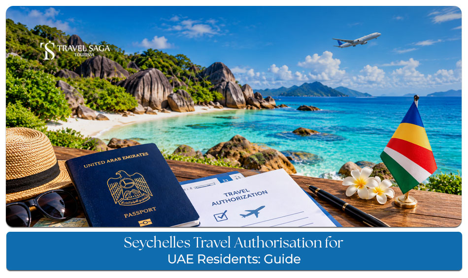 Travellers preparing travel documents for a relaxing Seychelles holiday from the UAE.