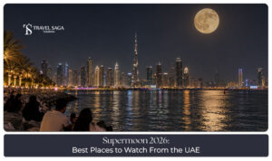 A bright full moon illuminating the Dubai skyline, creating a beautiful setting for supermoon viewing in 2026.