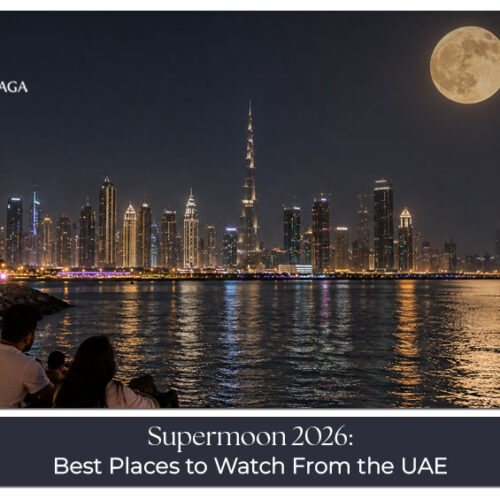 A bright full moon illuminating the Dubai skyline, creating a beautiful setting for supermoon viewing in 2026.