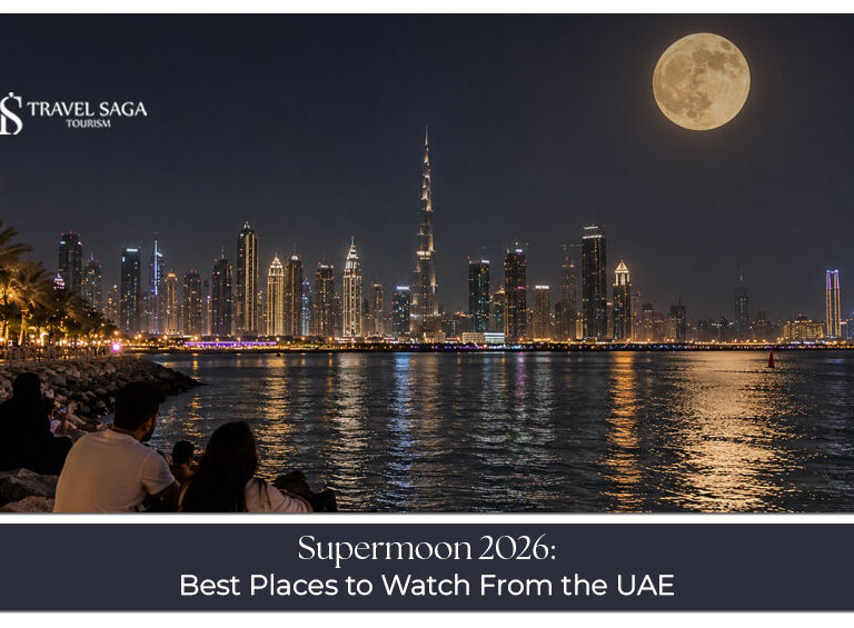 A bright full moon illuminating the Dubai skyline, creating a beautiful setting for supermoon viewing in 2026.