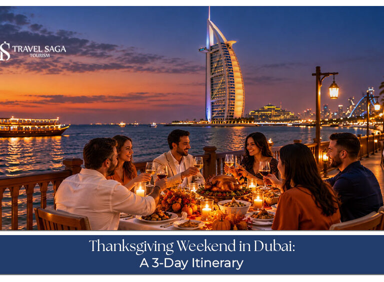 Travellers exploring Dubai attractions, enjoying festive dining, and experiencing exciting activities during a three-day Thanksgiving weekend getaway.
