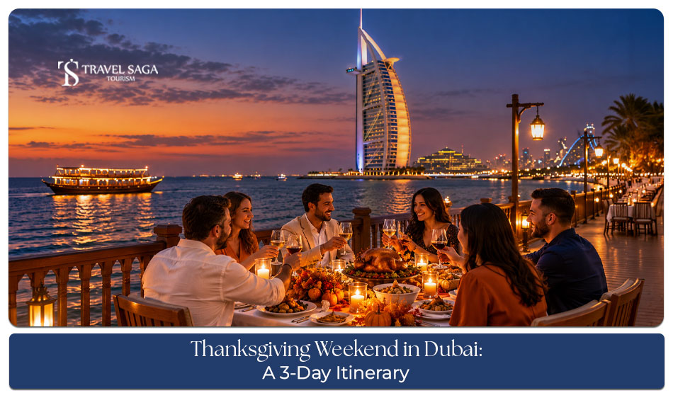 Travellers exploring Dubai attractions, enjoying festive dining, and experiencing exciting activities during a three-day Thanksgiving weekend getaway.