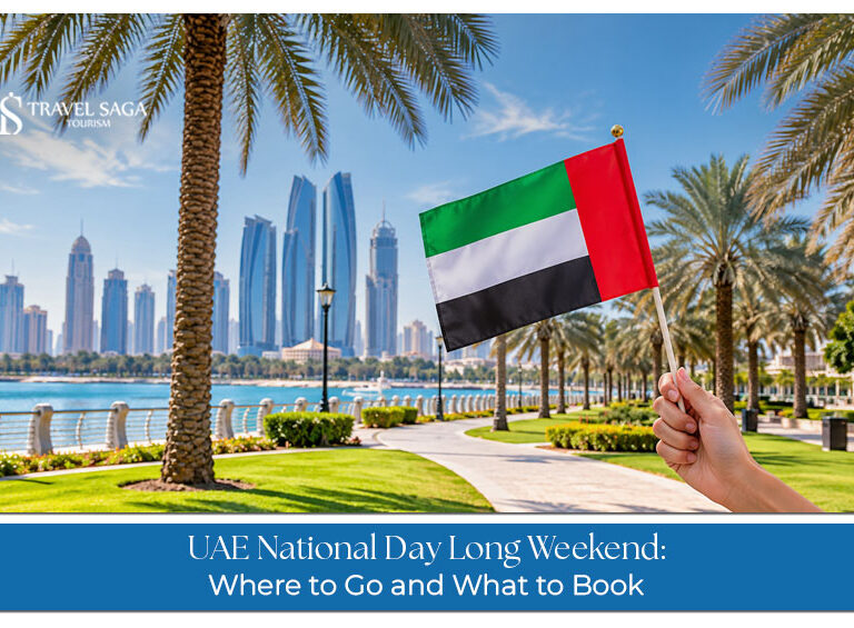 Families and travellers enjoying festive decorations and outdoor celebrations during the UAE National Day holiday.