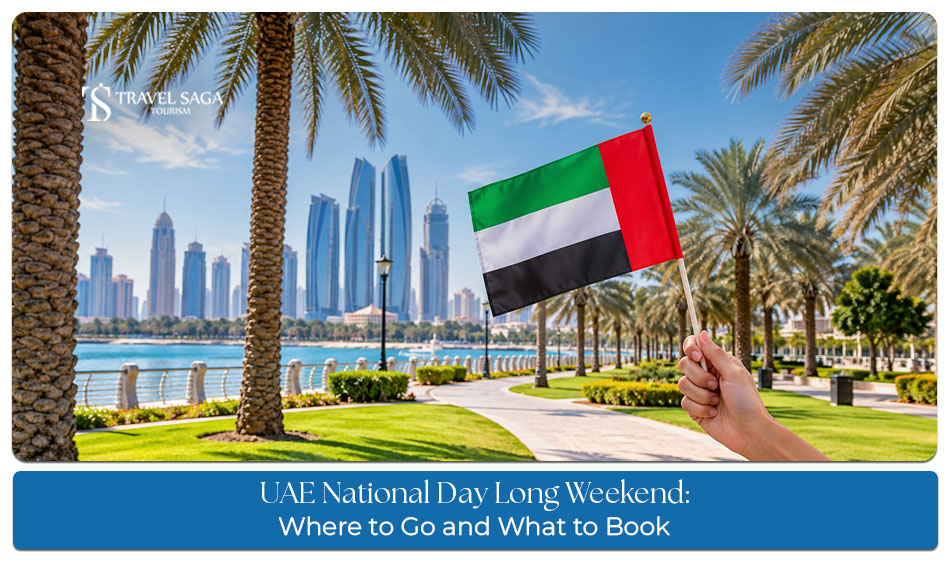 Families and travellers enjoying festive decorations and outdoor celebrations during the UAE National Day holiday.
