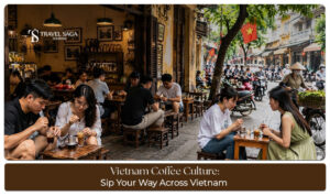 Vietnamese coffee served in a traditional filter beside a local café setting.