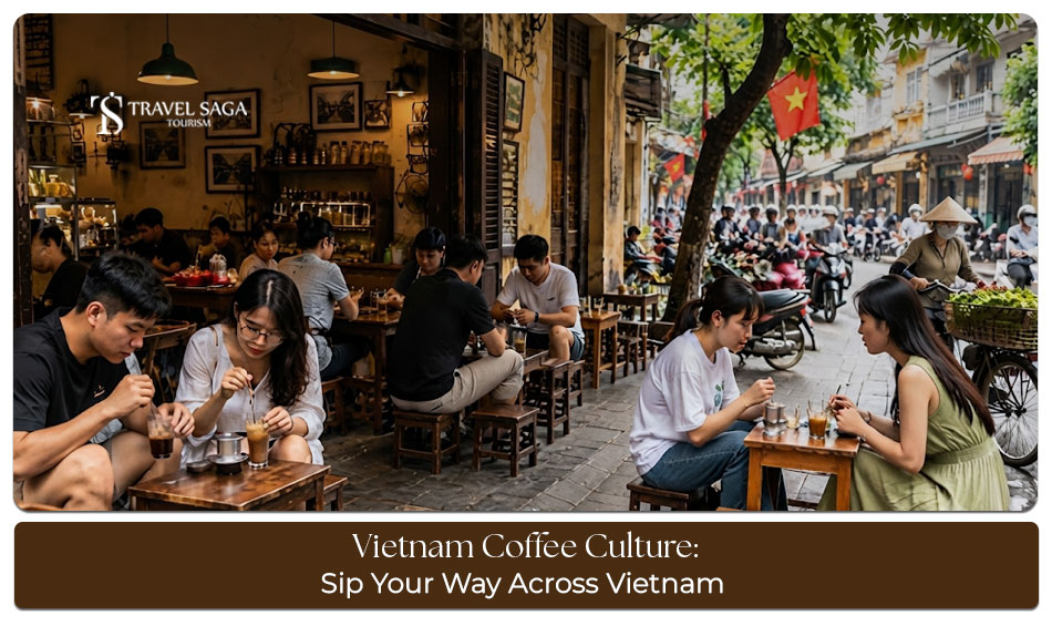 Vietnamese coffee served in a traditional filter beside a local café setting.