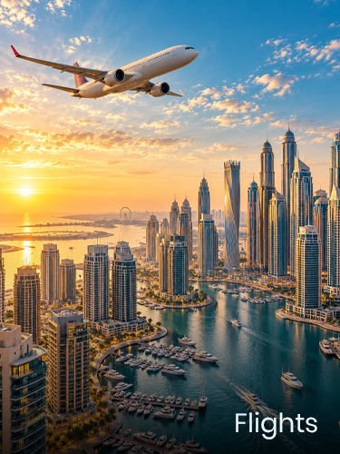 Flight flying over Dubai for holiday travel