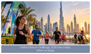 Visitors preparing travel documents for a trip to Dubai during the annual fitness challenge.