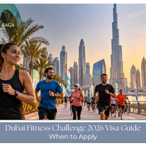 Visitors preparing travel documents for a trip to Dubai during the annual fitness challenge.